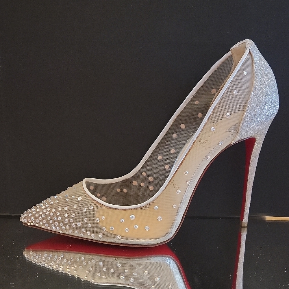 Christian Louboutin Follies Crystal Embellished Silver Pumps 100 Heel Sz38.5 - Picture 6 of 16